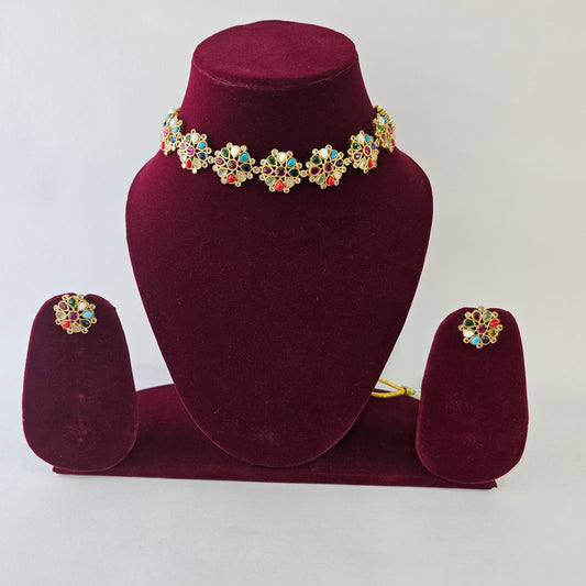 Angel Glitterz – Navratna Inspired Multi-Stone Short Necklace Set (AG8133)