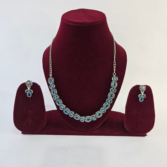 Angel Glitterz – Oxidised Oval Stone Accent Short Necklace Set (AG8136)