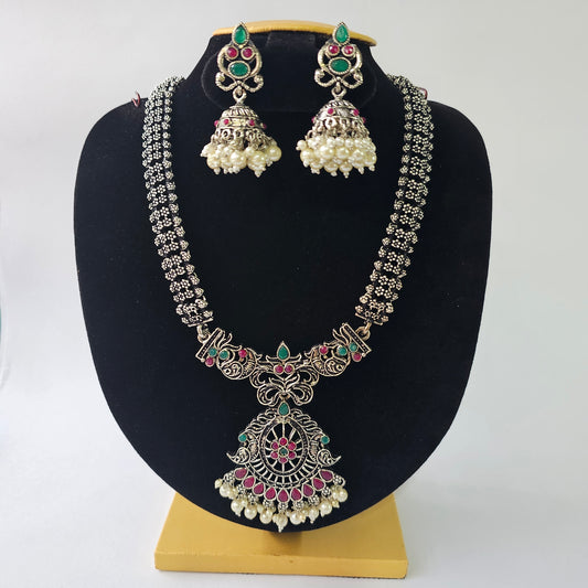 Angel Glitterz – Oxidised Ruby & Green Accent Long Necklace Set (AG8138)
