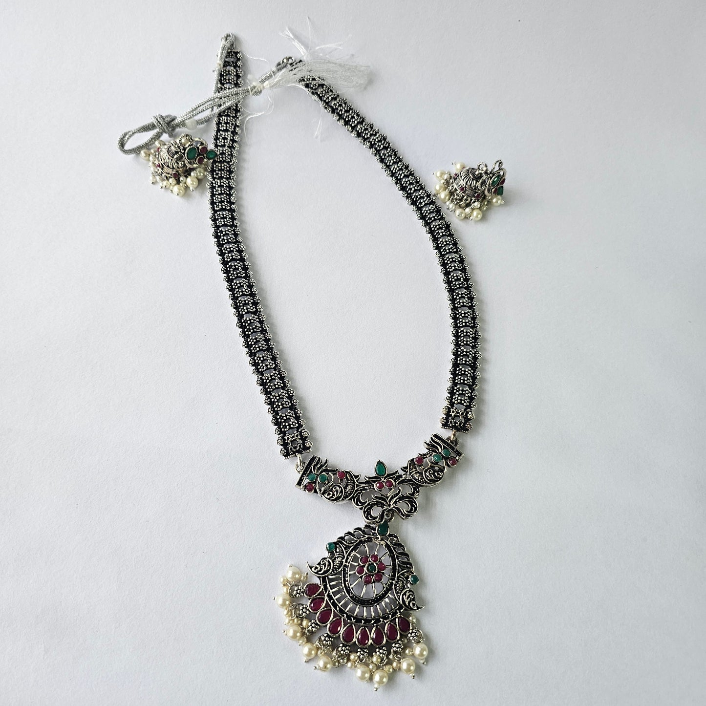 Angel Glitterz – Oxidised Ruby & Green Accent Long Necklace Set (AG8138)