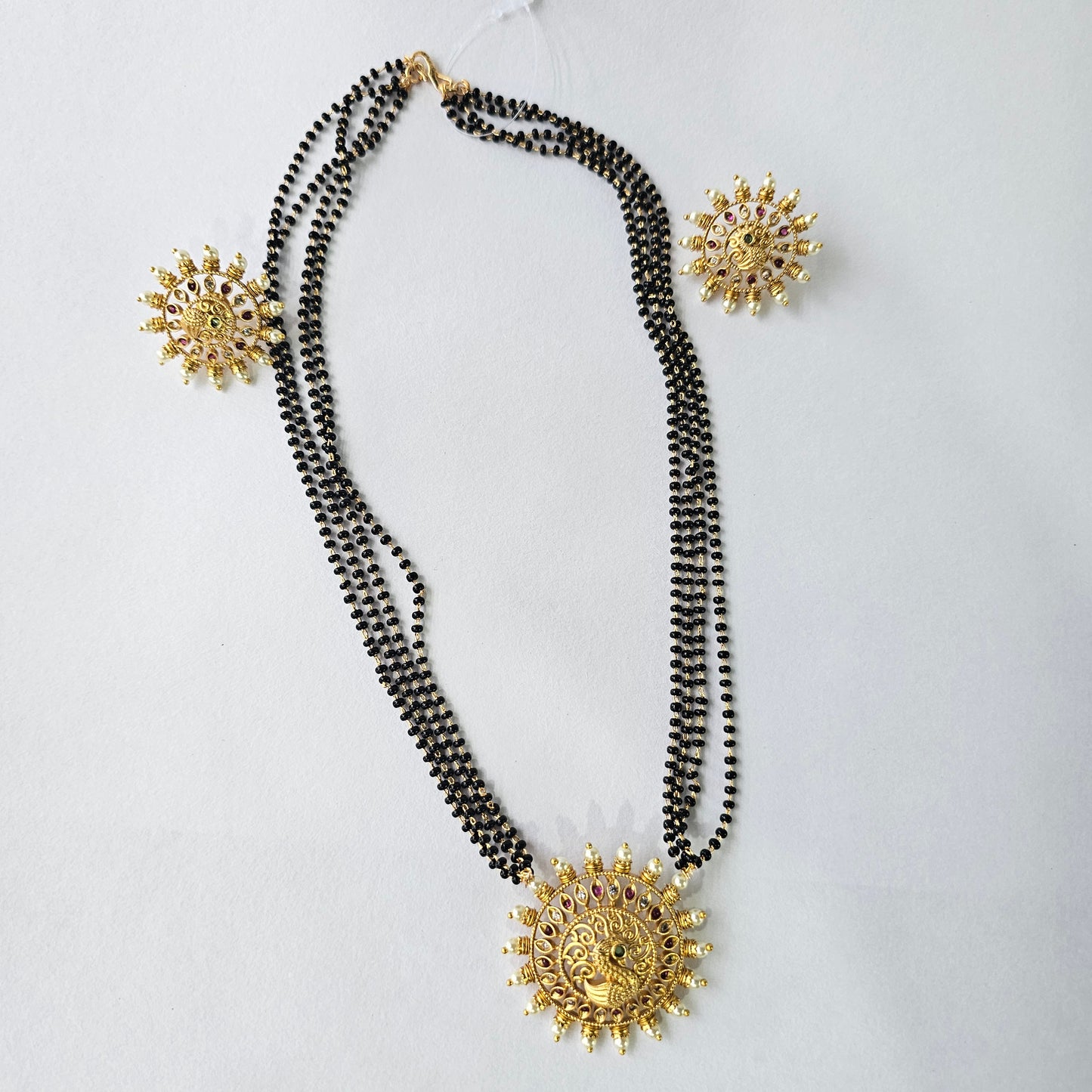 Angel Glitterz – Black Bead Pearl Peacock Medallion Necklace Set (AG8188)